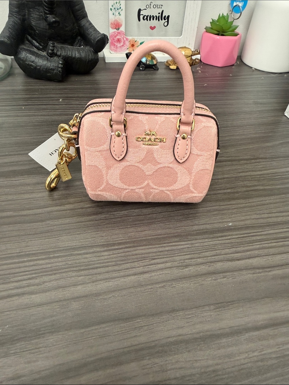 Coach Pink Denim Mini Rowan Keychain with Gold Hardware